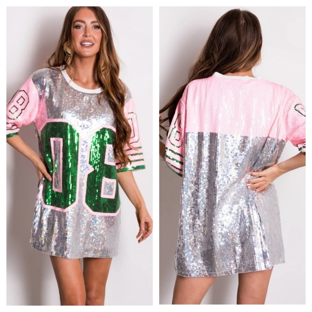 Sequin Jersey Graphic Short Sleeve Shirt Dress